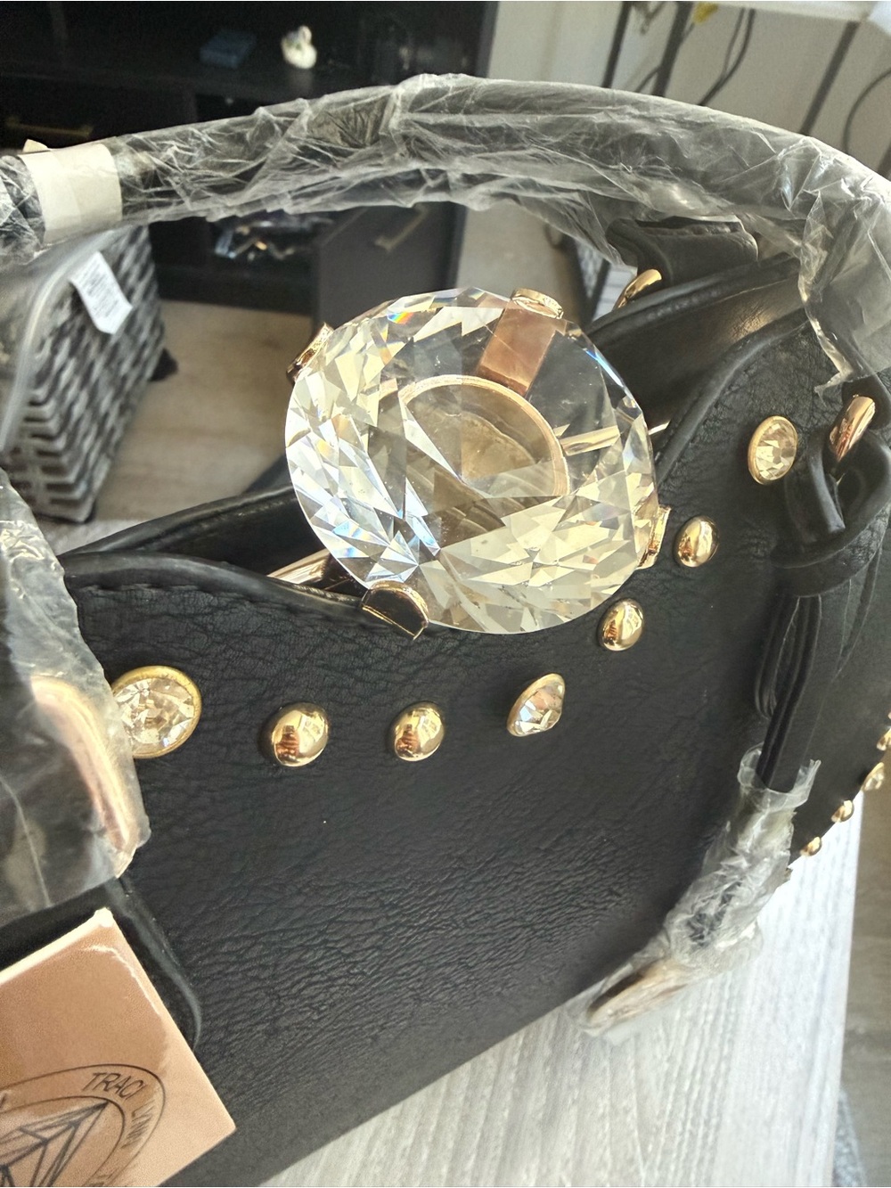 Traci Lynn Black Studded Dome Handbag Set w Matching Wallet Crystal Diamond Top - Picture 2 of 15